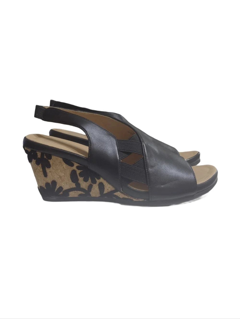 Mootsies Tootsies Black Leather Wedge Sandals with Floral Cork Heel